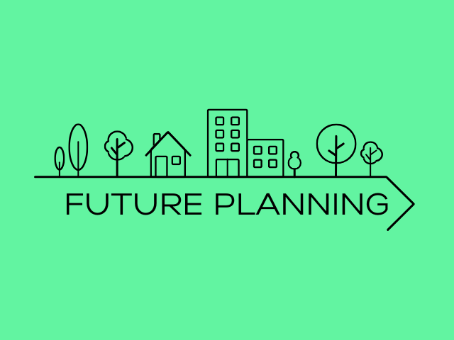 image with light green background with line drawings of trees, a house and office building on top of a line. Text underneath says Future Planning