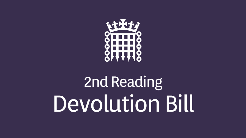 UK Parliament logo on dark blue background with title 2nd Reading Devolution Bill