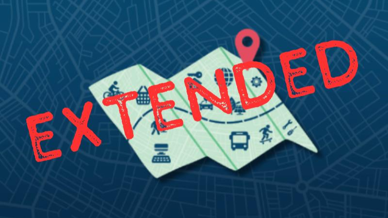 Dark blue graphic of a town layout with a map with different elements laid on top. the word Extended is stamped across in red