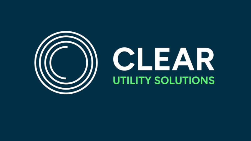 Clear Utility Solutions logo in white and bright green text with a series of circles inside each other, in white, to the left hand side on a dark turquoise background