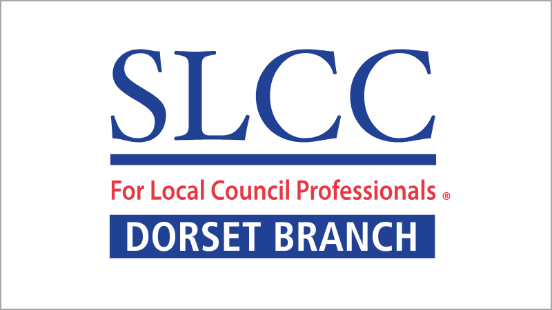 SLCC logo in dark blue capital letters with a blue line underneath. A line in red text says For Local Council Professionals and a dark blue block with white text stating Dorset Branch