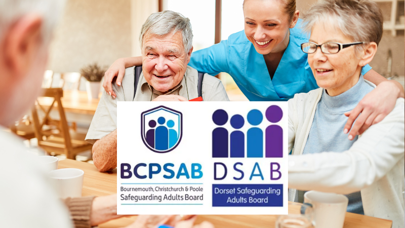 Elderly people happily engaged in activity with a younger person. Logos for BCPSAB and DSAB on top, centre bottom