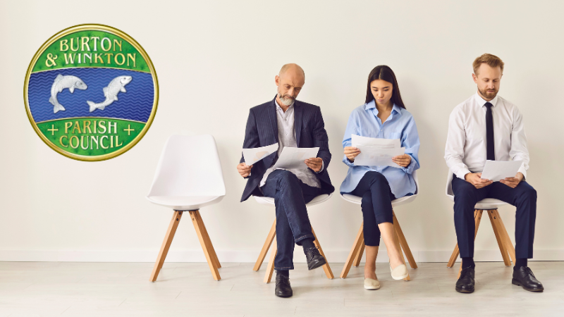 Three people of different ages sat in chairs with one free. Burton and Winkton Parish Council logo is top left