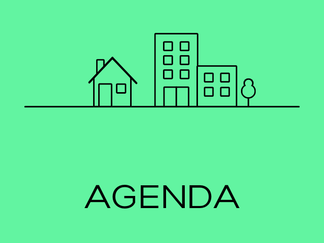 Image with light green background with line drawing of an house and office building in black with text: agenda