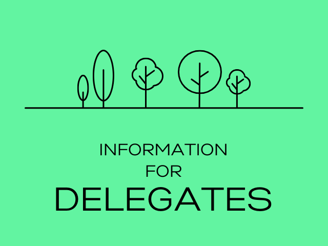 Image with light green background with line drawing of trees in black with text: information for delegates