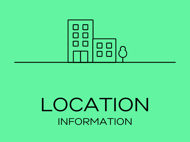 Image with light green background with line drawing of an office building in black with text: location information