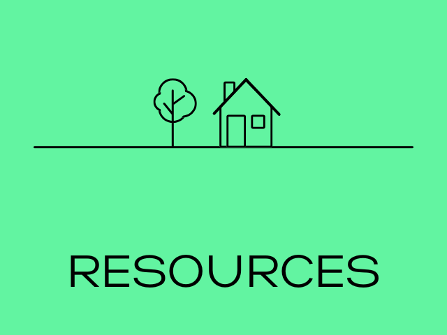 Image with light green background with line drawing of an house and tree in black with text: resources