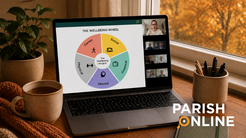Laptop on desk displaying wellbeing diagram