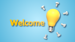 Welcome title and lightbulb surrounded by white bolts
